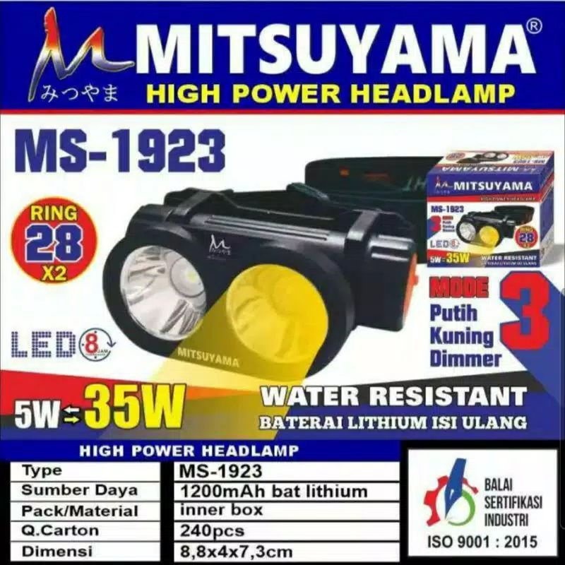 Senter Kepala Putih Kuning Dimmer Cas Headlamp LED Mitsuyama MS-1923