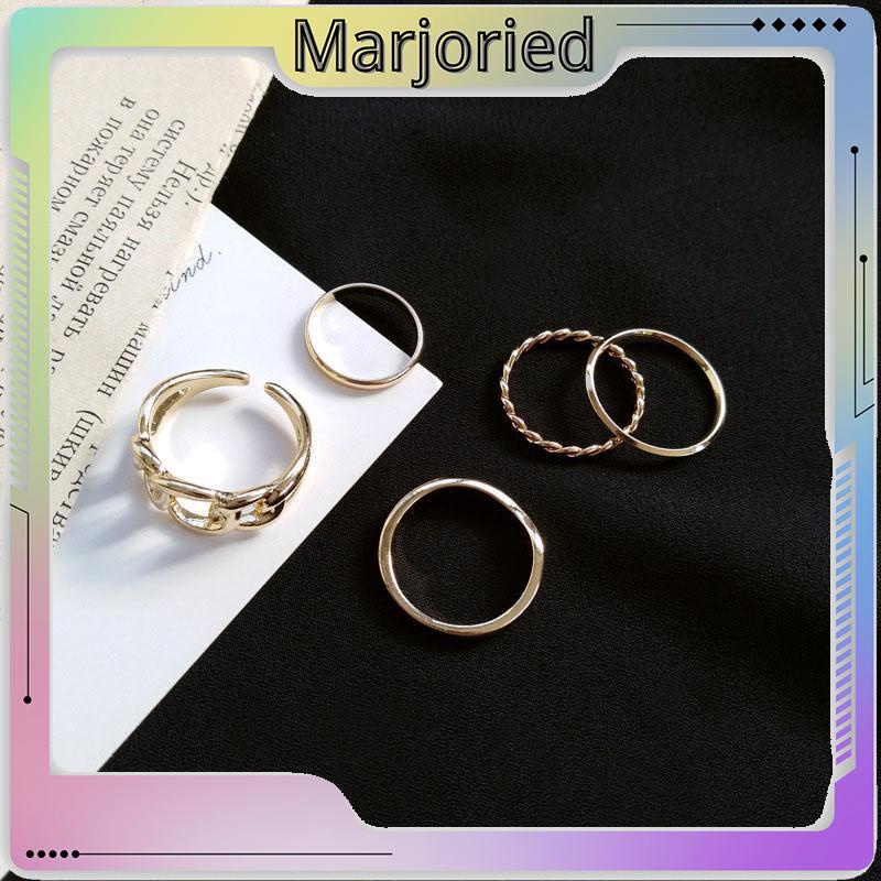 5pcs / Set Fashion Cincin Wanita Model Terbuka Geometri Warna Silver / Gold Gaya Vintage-MJD