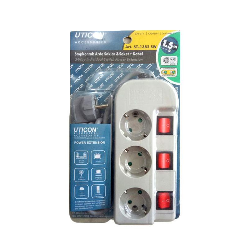 Uticon Stop Kontak 3 Lubang+ Saklar Lampu Masing2+Kabel 1-5M Uticon ST1362 SW SNI original