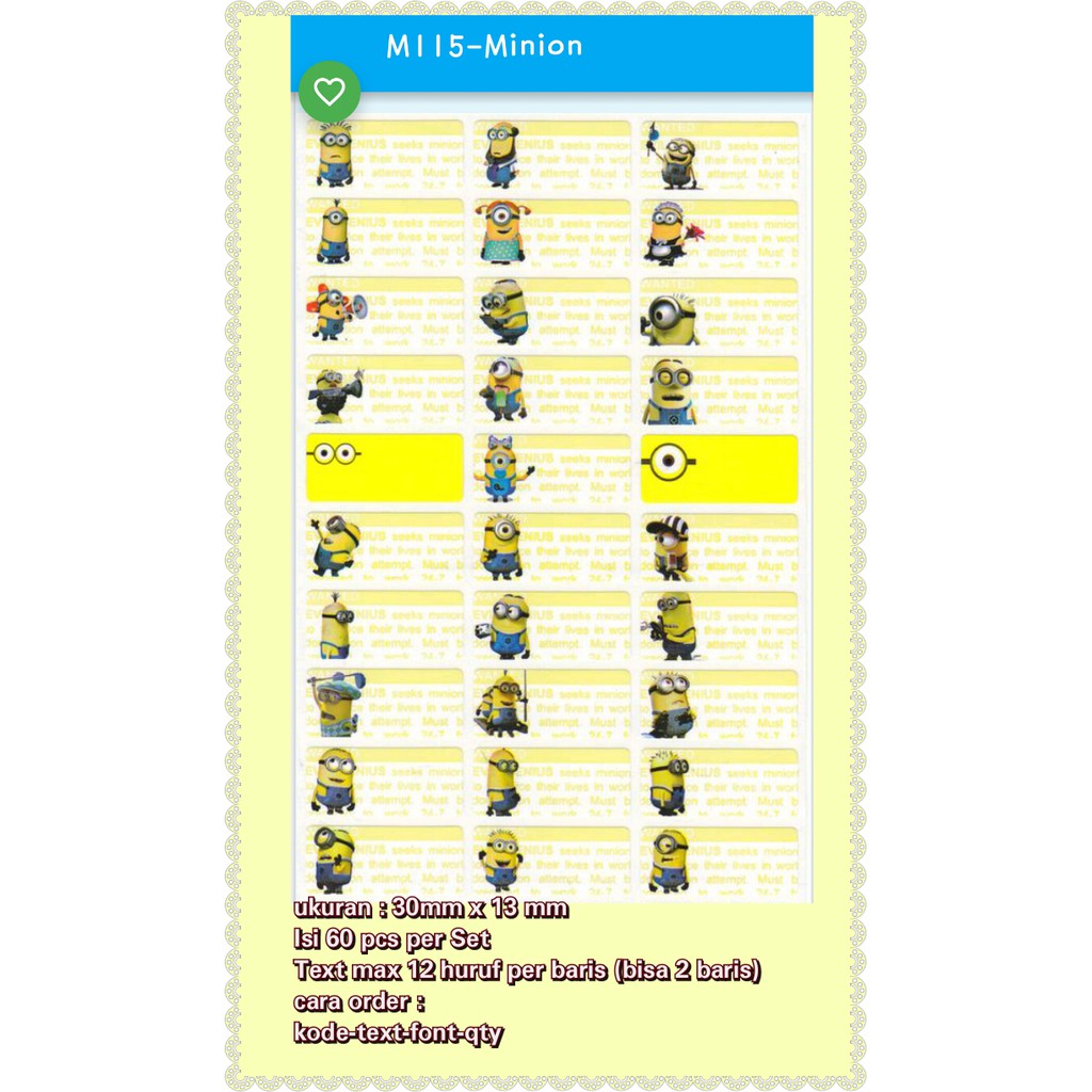 

Sticker Label Nama Waterproof Tahan Air MINION SERIES