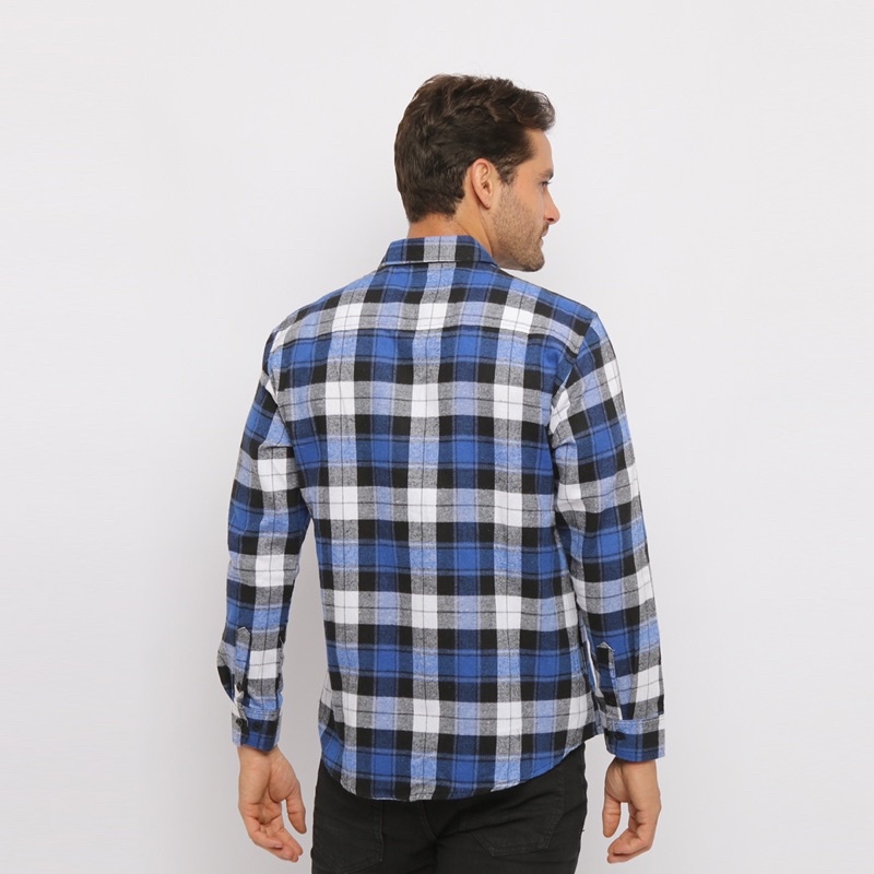 YUNG Kemeja Flanel Lengan Panjang Pria 2 Outside Pocket
