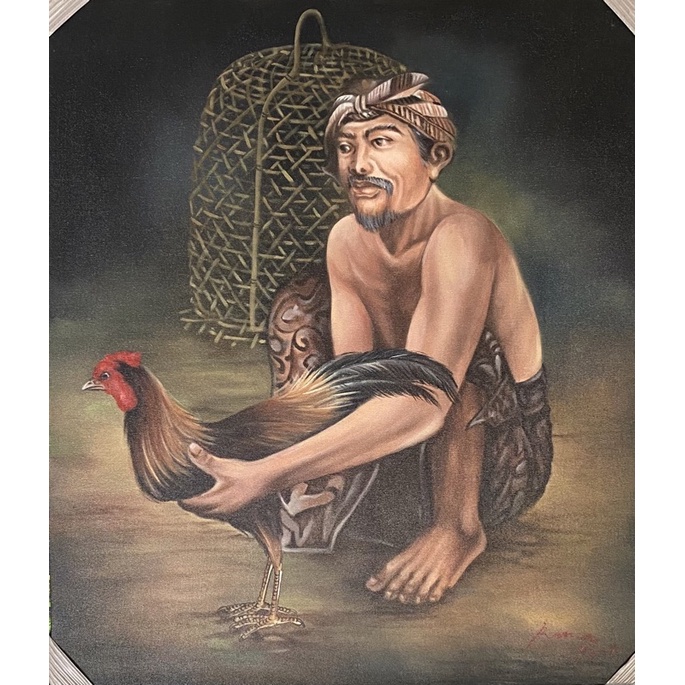 lukisan tradisional bali kakek bawa ayam ukuran 70 X 80