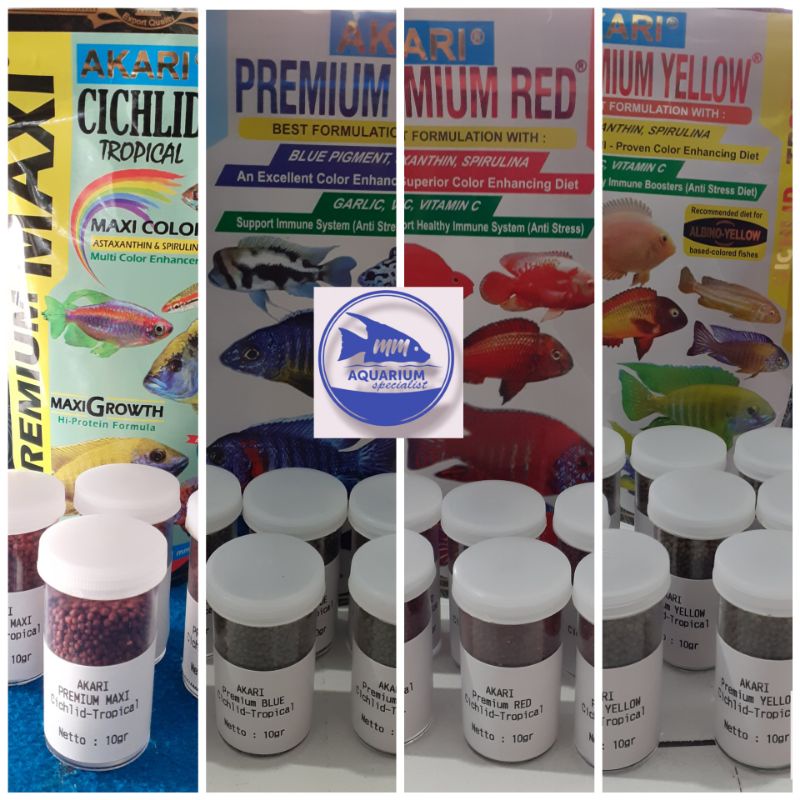 Repack wadah plastik tebal/botol Pakan ikan Akari Premium cichlid-tropical Maxi Red Blue Yellow 10gr