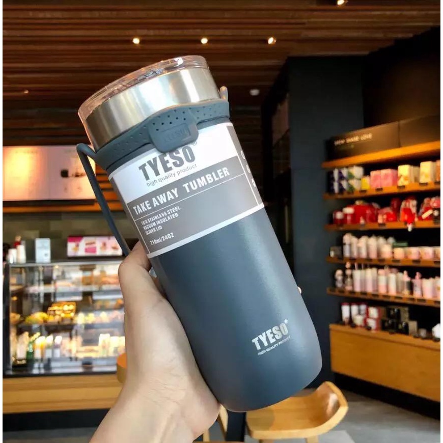 tyeso take away tumbler 100% ORIGINAL free sedotan double vacuum stainless steel coffee thermos with rope handle / botol minum portable premium quality / coffee tea tumbler