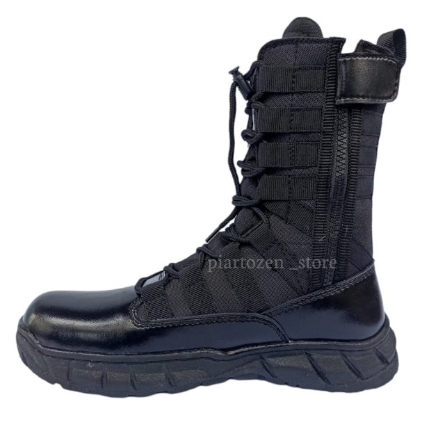 Sepatu PDL Pria Webbing Ninja dengan Tali Sleting untuk Dinas TNI/POLRI, Keamanan Satpam, Hitam Doff, Terbuat dari Kulit Sintetis yang Berkualitas.