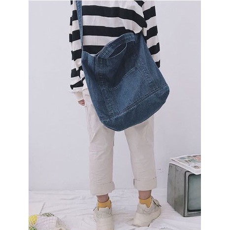 More584 Tas Selempang Sling Denim Wanita Pria Korean Jeans Totebag Plain Casual Polos Import Slingbag