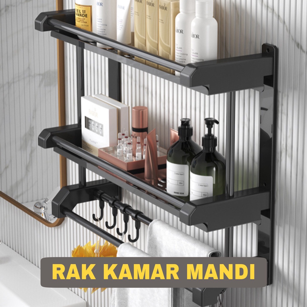 Rak Dinding Kamar Mandi Stainless Steel Hitam Rak Sadun Kamar Mandi Rak Handuk Kamar Mandi Tempel Dipasang Tanpa Harus Dilubangin Dibagian