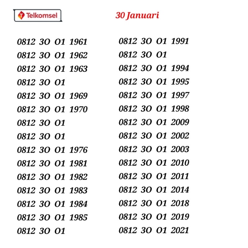 Nomor Cantik Simpati Tahun Lahir 0812 JANUARI 30 JANUARI 30 01 1981 1992 1998 1990 1982 1988 1987 4G