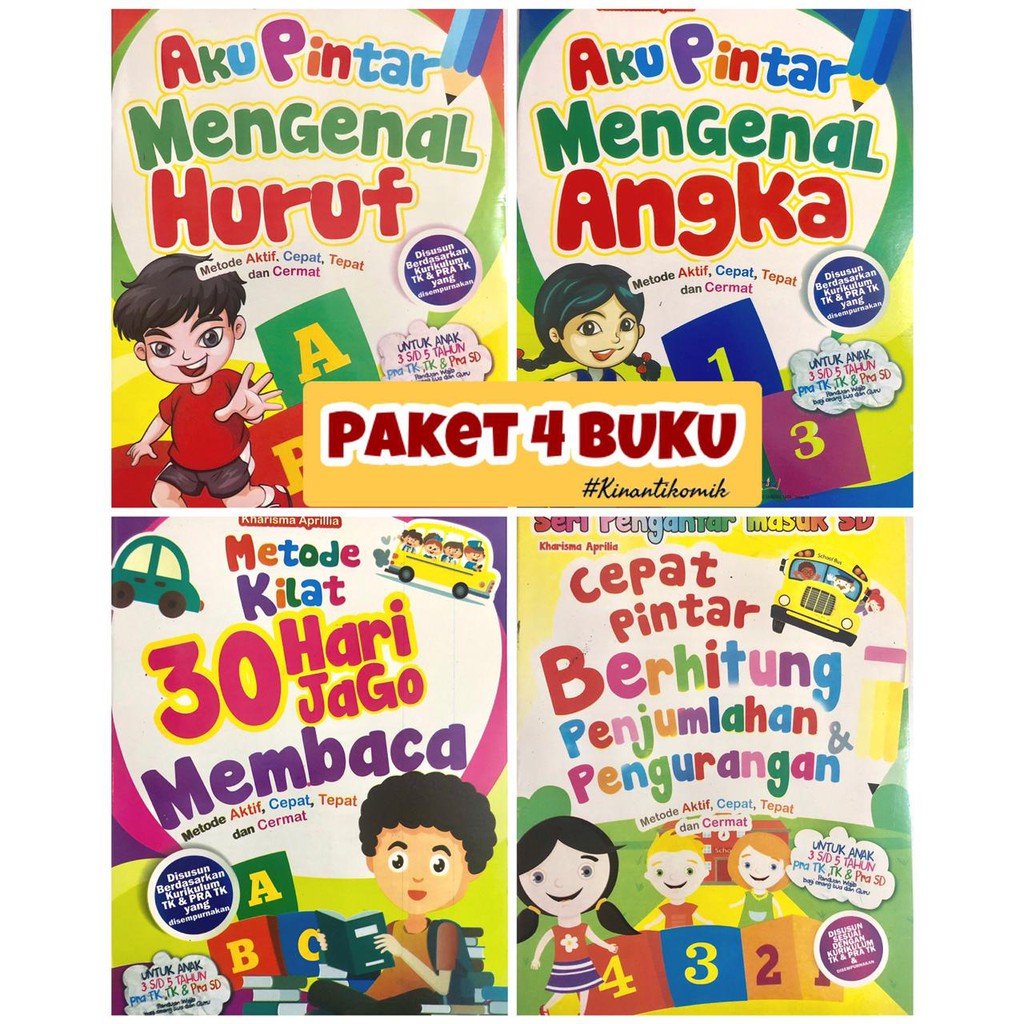 PAKET 4 BUKU : HURUF + ANGKA + MEMBACA + PENJUMLAHAN PENGURANGAN