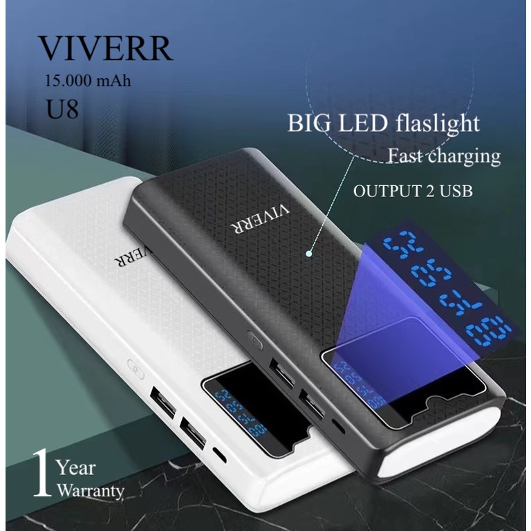 Powerbank VIVERR U8 kapasitas 15.000 mah fast charging for universal handphone with 1 LED super besar.