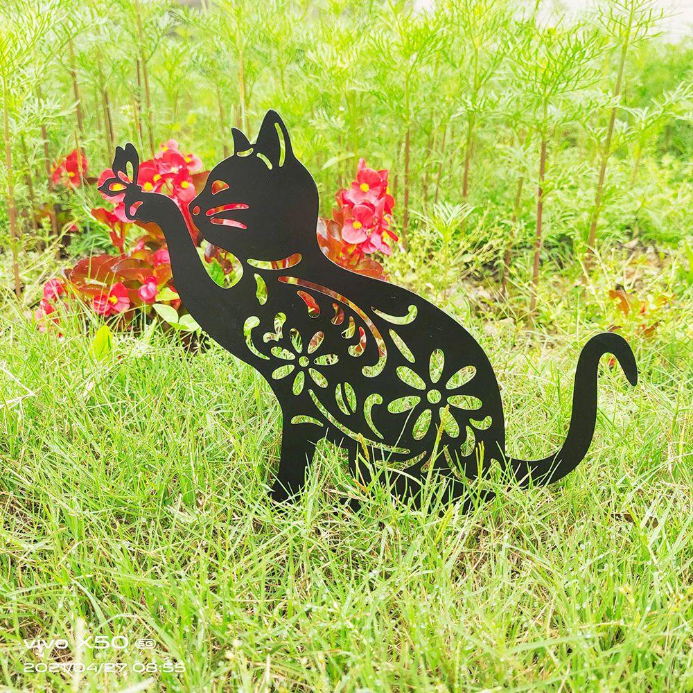Solighter 3PCS/Set Dekorasi Kucing Besi Seni Patung Pemandangan Landak Ornamen Patung Taman Siluet Pasak