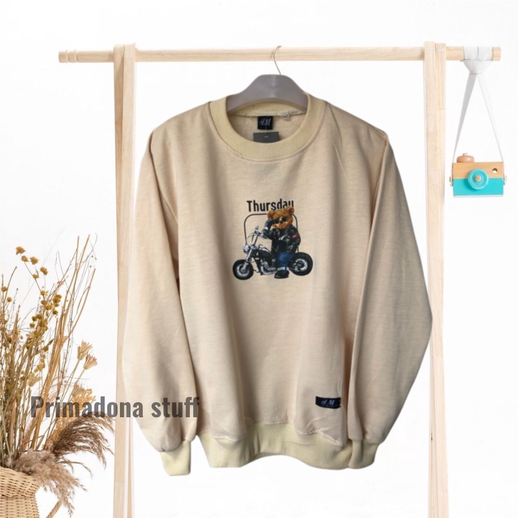 Crewneck sweater wanita pria bahan flece motif beruang keknian L XL XXL