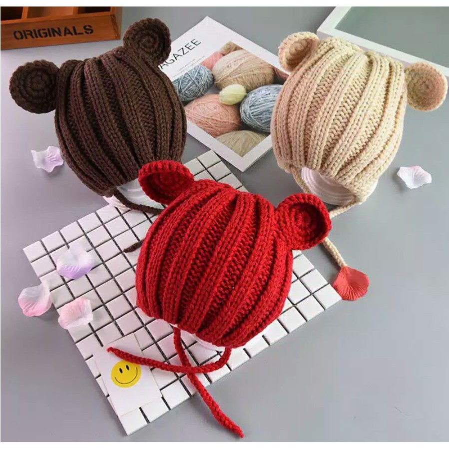 Topi Kupluk Rajut Wol Sheep Korea 6bln - 3 tahun Topi Rajut Domba Baby / Topi Pin Bear Fashion Import VC