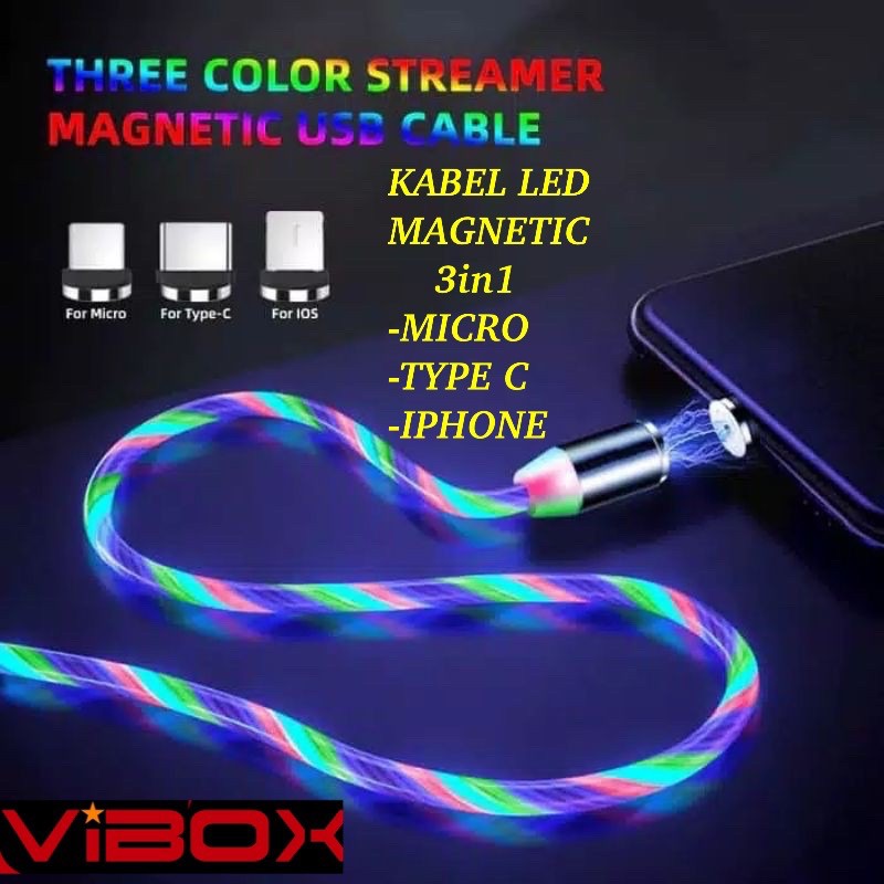 KABEL VIBOX LED DISKO MAGNET 3IN1 MICRO TYPE C IPHONE LED CABLE DATA NEW