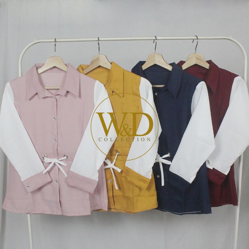 Kemeja Wanita Casual Blouse Basic Polos Kombinasi Warna Lengan Panjang Kekinian Motif Korean Style