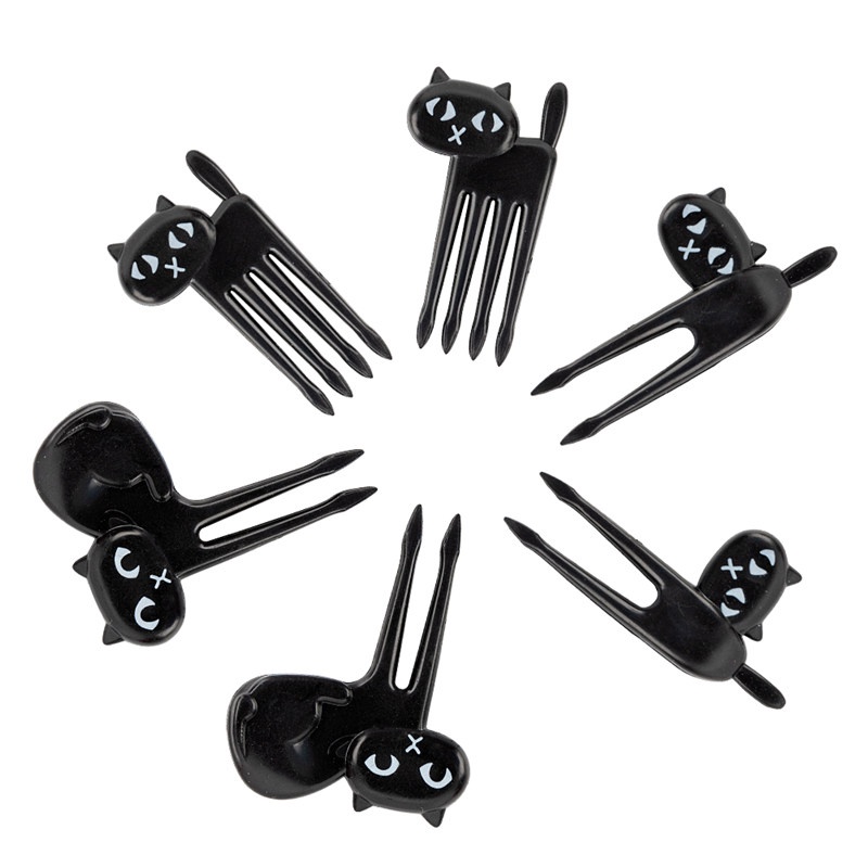 TK 6pcs/pack Cute Animal Fruit Fork Kids Snack Dessert Cartoon Forks Toothpick Lunch Decoration Black Cat Pattern