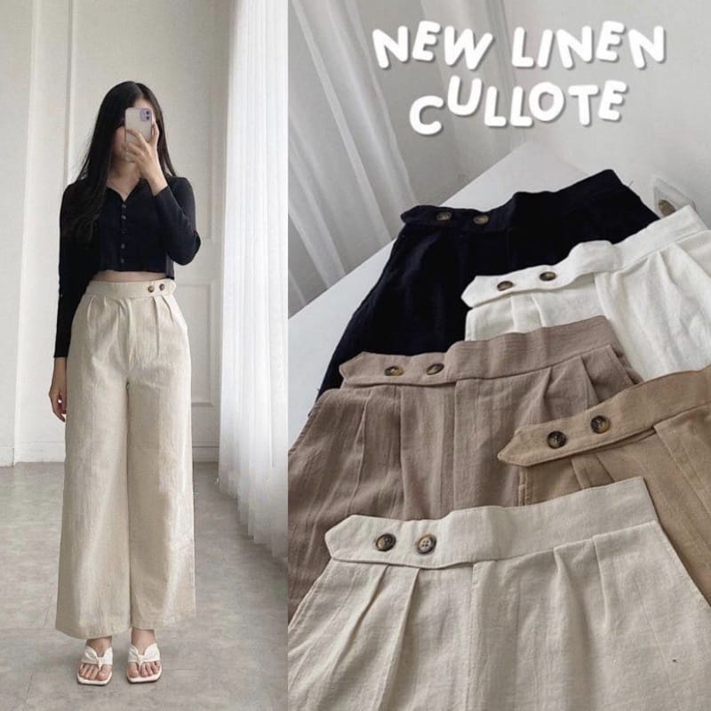 CELANA KULOT LINEN HIGHWAIST PREMIUM SIDE BUTTON/CELANA KULOT/CELANA WANITA/LINEN