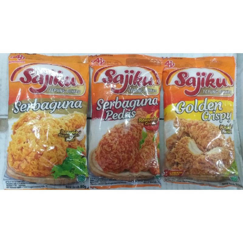 

sajiku tepung bumbu serbaguna 80gr, serbaguna pedas 70gr, golden crispy 80gr