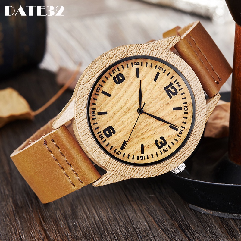 Imitasi Bambu Jam Tangan Unisex Kulit Asli Band Kayu Kuarsa Jam Tangan Minimalis Pria Wanita Pria Wa