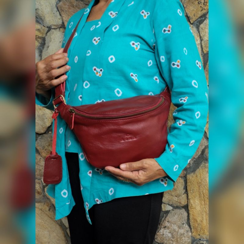 Aira Tas Selempang Dan Bahu Pria Waistbag Jenong Kulit Sapi Asli Bahan Jenis Krom Leather Terbaru Kain Lurik Tradisional Tali Adjustable Kekinian Original