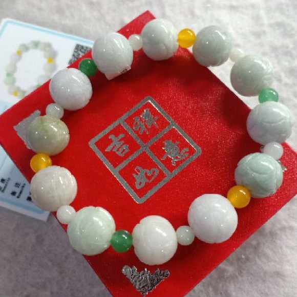 Gelang Giok Butiran 14mm Bola Berukir Jadeite Natural Grade A Bersertifikat