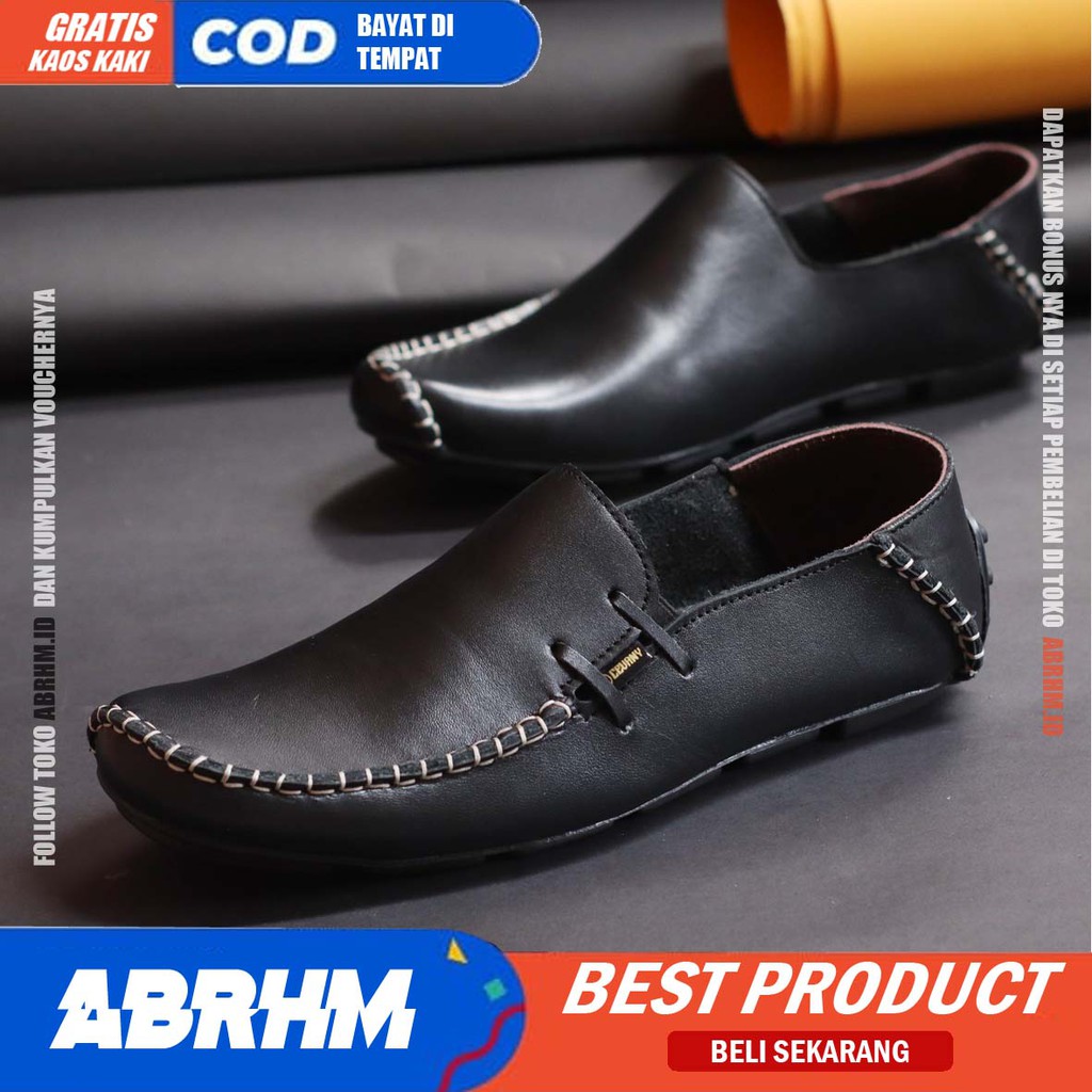 ABRHM x MOCLEA Sepatu Kasual Pria Sepatu Pria Casual Kulit Asli Slip Sepatu Kerja Original Keren Sepatu Slop Anti Slip Mocasin Sepatu Kerja Kantor Semi Formal Kuliah Kondangan Gaya keren Kekinian Murah Terlaris