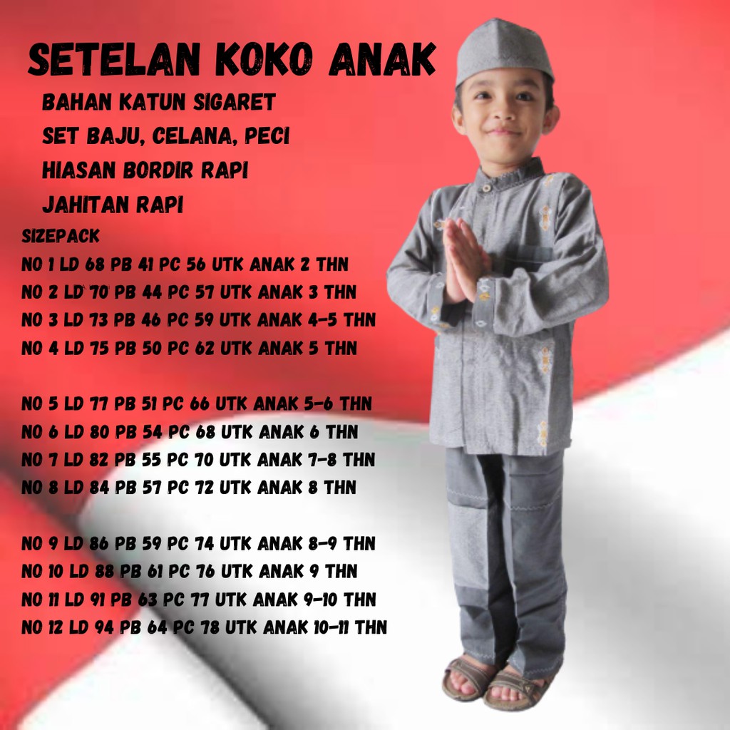 “CITRA KIDS’ Baju Setelan Koko Bordir Lengan Panjang Set dengan Peci Pakaian Taqwa Muslim Anak Laki 