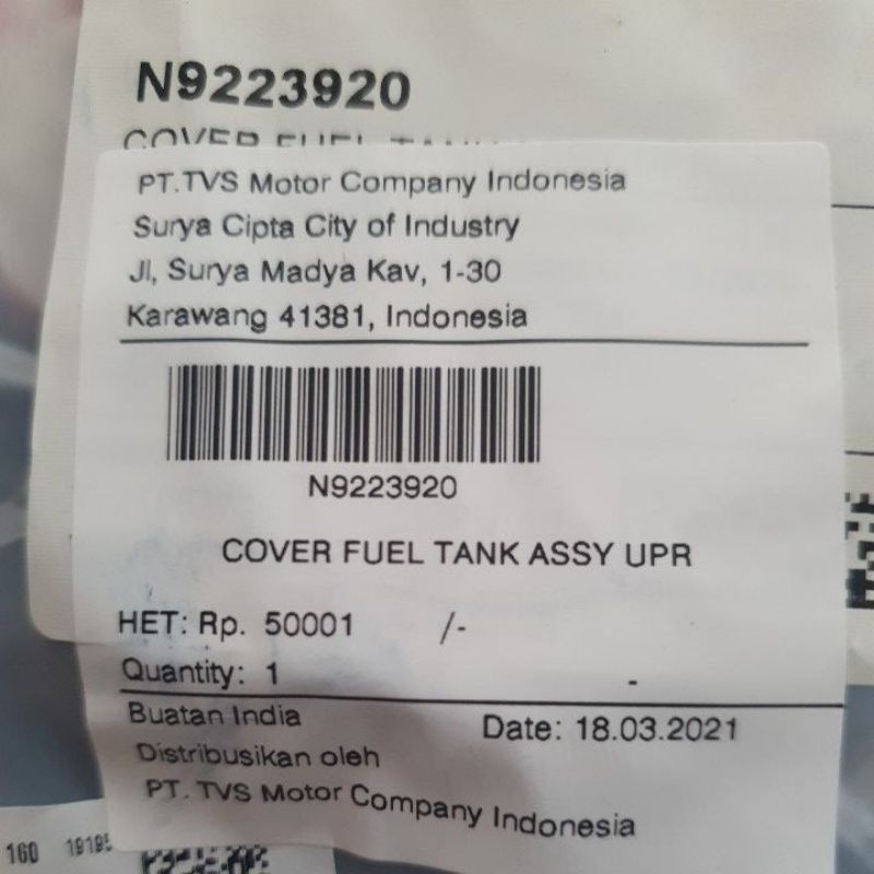 Leksil Atas Tangki Apache TVS (Cover fuel tank assy upper)