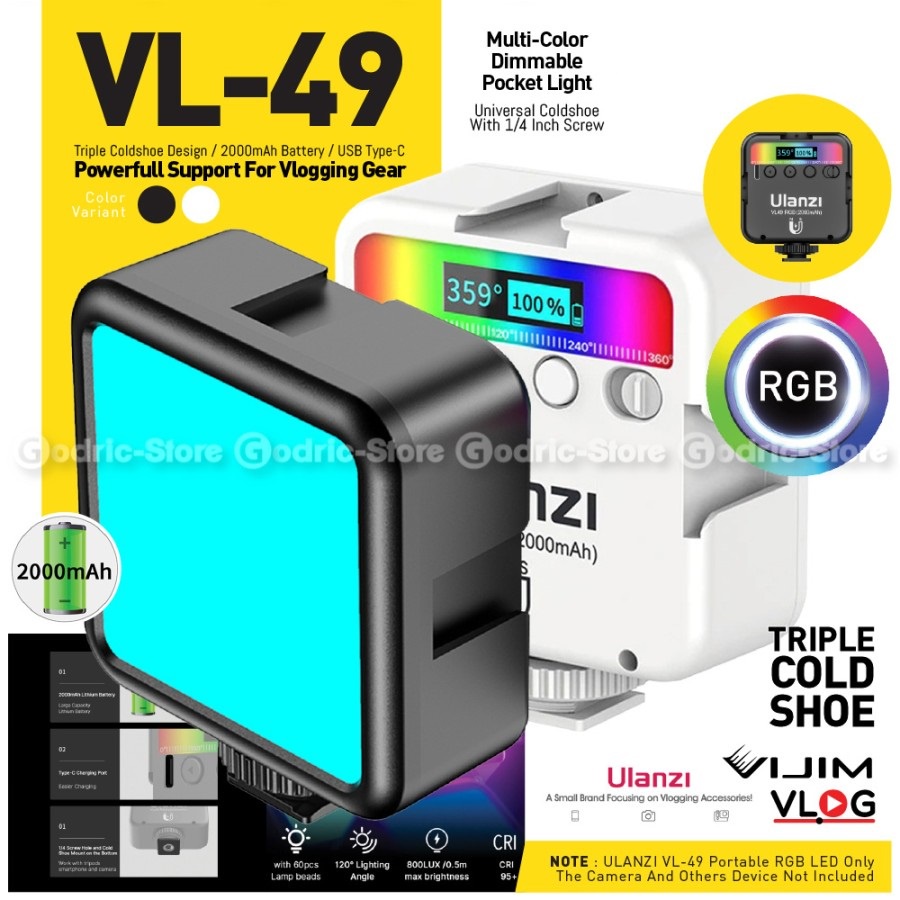 ULANZI VL49 RGB Studio LED Light Lampu Vlog Selfie Smartphone Portable VL 49