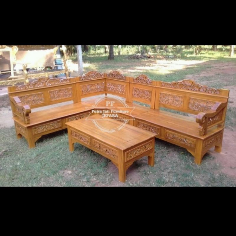 Meja kursi tamu sudut / pojok untuk ruangan L warna natural bahan kayu jati mebel murah