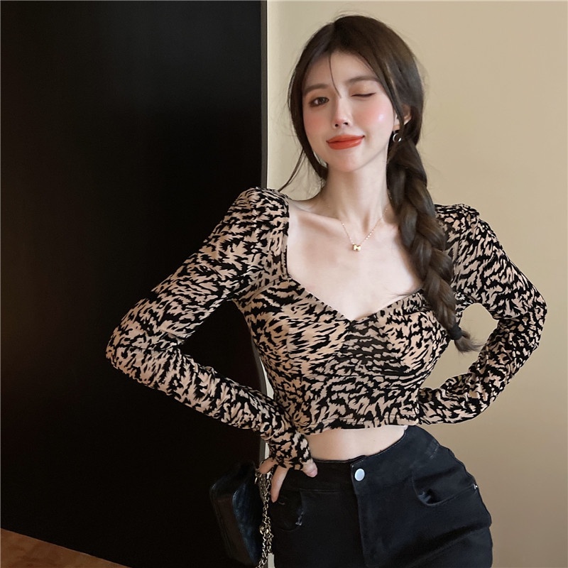 Suhao Leopard T-Shirt Feminin Lengan Panjang Pinggang Tinggi Ketat V-Neck Bottoming Shirt Cropped To