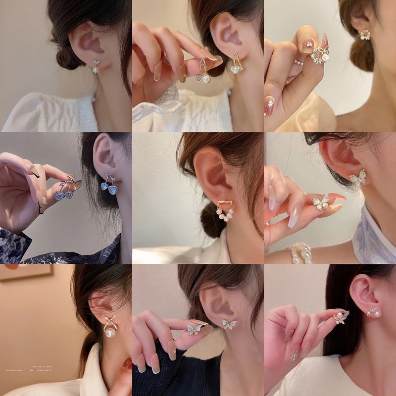 Anting S925 Silver Needle Bentuk Kupu-Kupu Aksen Mutiara Berlian Gaya Korea Vintage Untuk Wanita