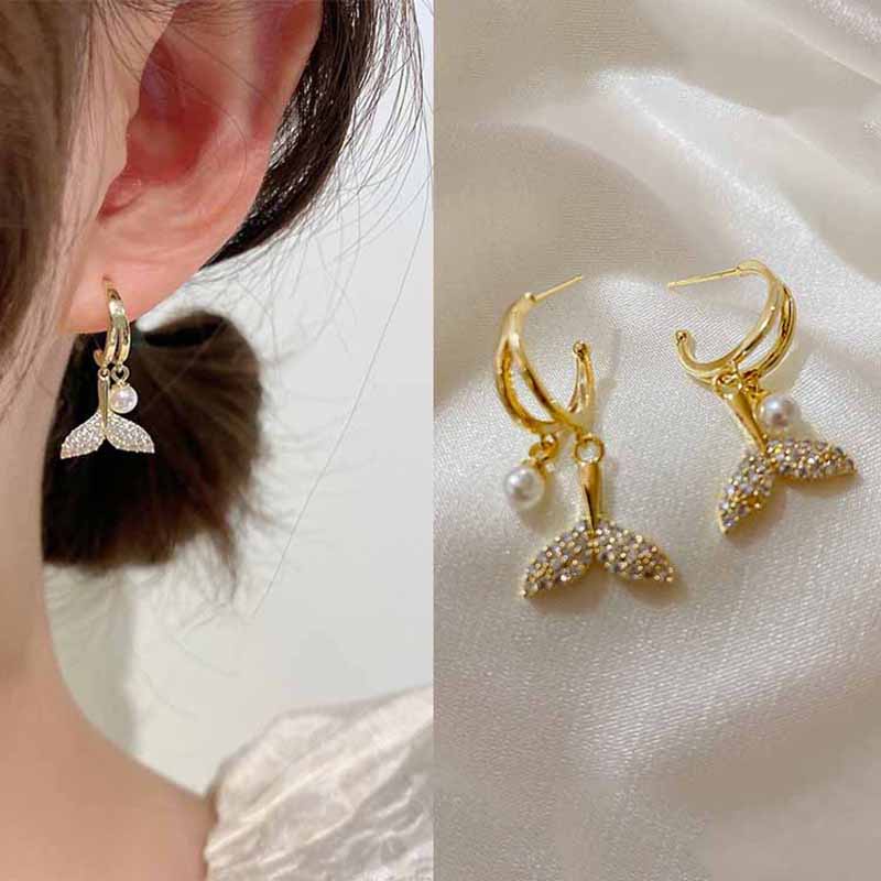 Anting Tusuk Gantung Temperament Desain Ekor Ikanmutiaraberlian Imitasi Gaya Korearetrouniksimpleelegan Untuk Wanita