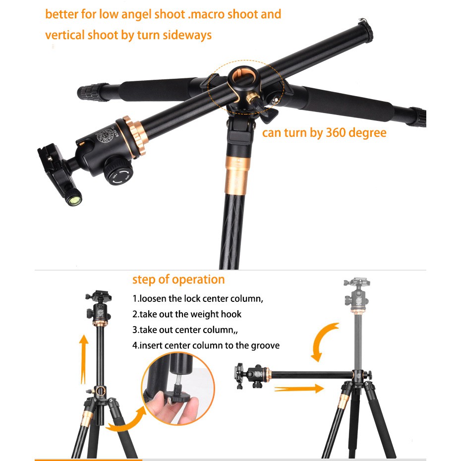 QZSD Multifunction Professional DSLR Horizontal Center Tripod + Monopod - Q999H - Black