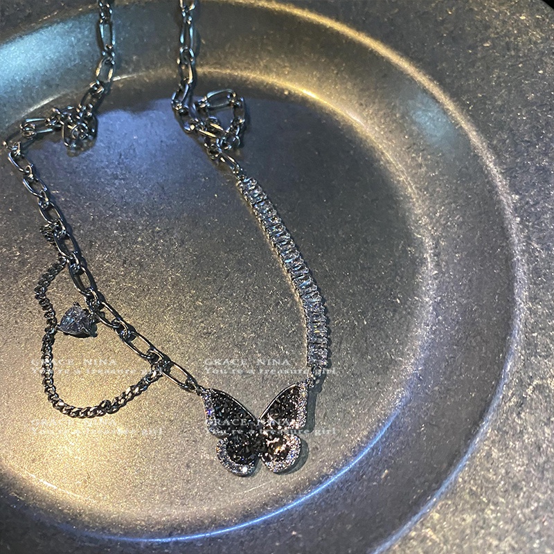 Kalung Rantai Choker Desain Kupu-Kupu Hati Rumbai Bahan Zirkon Warna Hitam Untuk Wanita