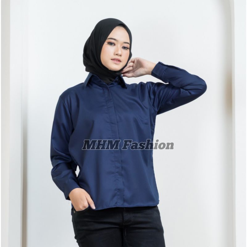 Kemeja Wanita Putih Hitam Marun Navy Army Abu LD 96 LD 100 LD 106 Polos Basic Lengan Panjang Atasan Blouse Casual Kantor Formal shirt Korea Toyobo Murah Adem serap Keringat-Navy