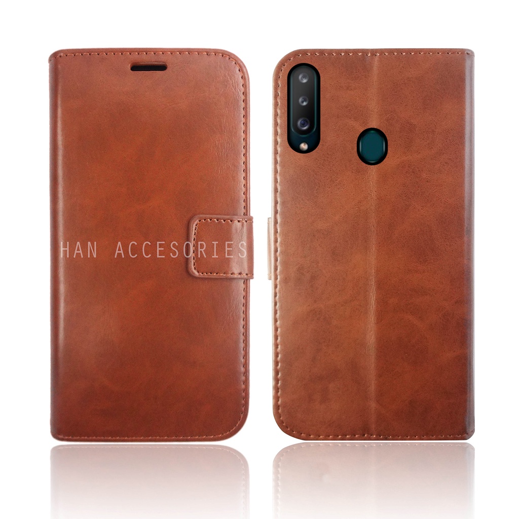 (PAKET HEMAT) Fashion Selular Flip Leather Case Samsung Galaxy A20S Flip Cover Wallet Case Flip Case + Nero Temperred Glass