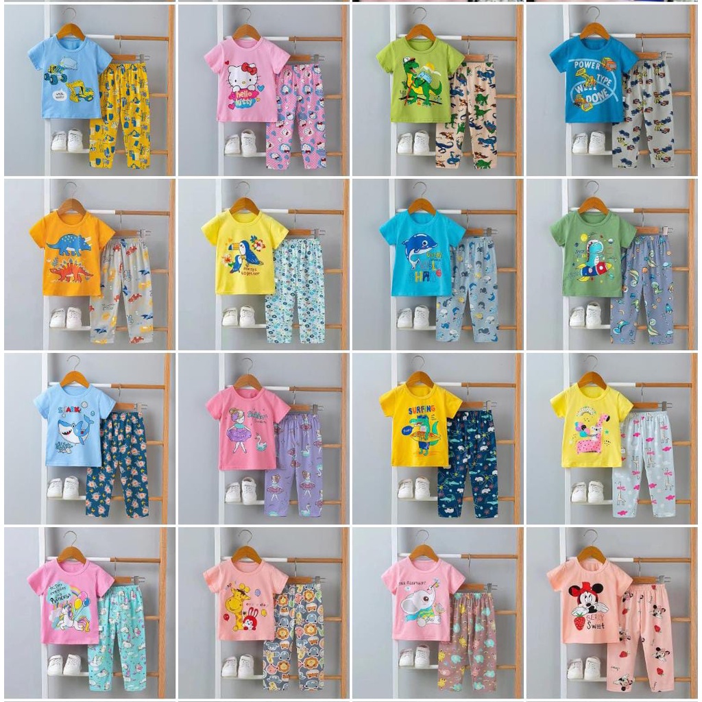 (Grosir 1 Seri Dapat 3Pcs @60Rb/Baju) (Cp) Piyama Panjang Pendek Import Anak 7-9 Th #Daweiyu