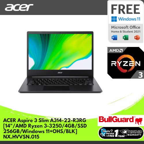 Laptop ACER Aspire 3 Slim A314-22-R3RG [14"HD/AMD Ryzen 3-3250/4GB/SSD 256GB/Windows 11+OHS/BLACK] NX.HVVSN.015