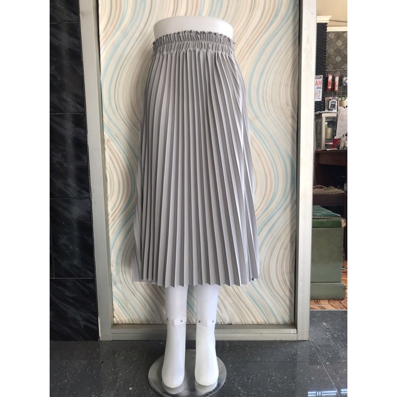 Rok Plisket Midi 7/8 | Rok Midi Plisket Premium Kualitas Import | Bahan tebel Fashion terlaris-Abu Muda