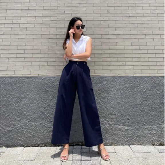 HOPYLOVY Celana Kulot Wanita Katun Linen Double Button Jemima / Celana Panjang Wanita Polos-6