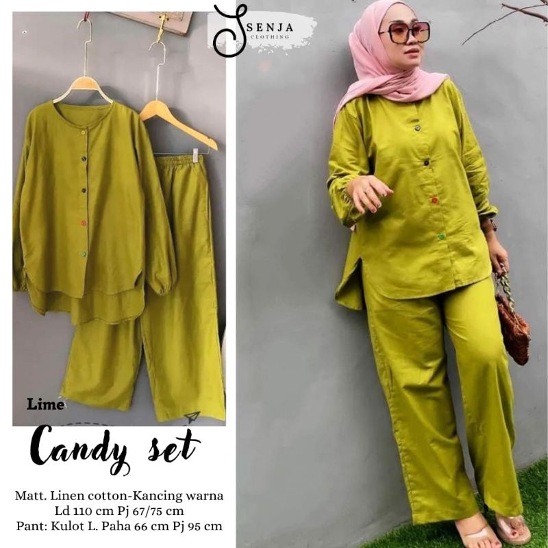 CANDY SET BY SENJA SETELAN WANITA LINEN POLOS BLOUSE + CELANA /lyliafashion