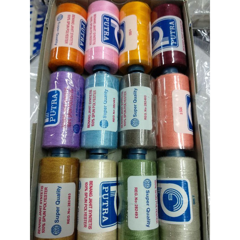Benang Jahit 500yard Putra Campur Warna ( 1 kotak u003d 1 lusin 