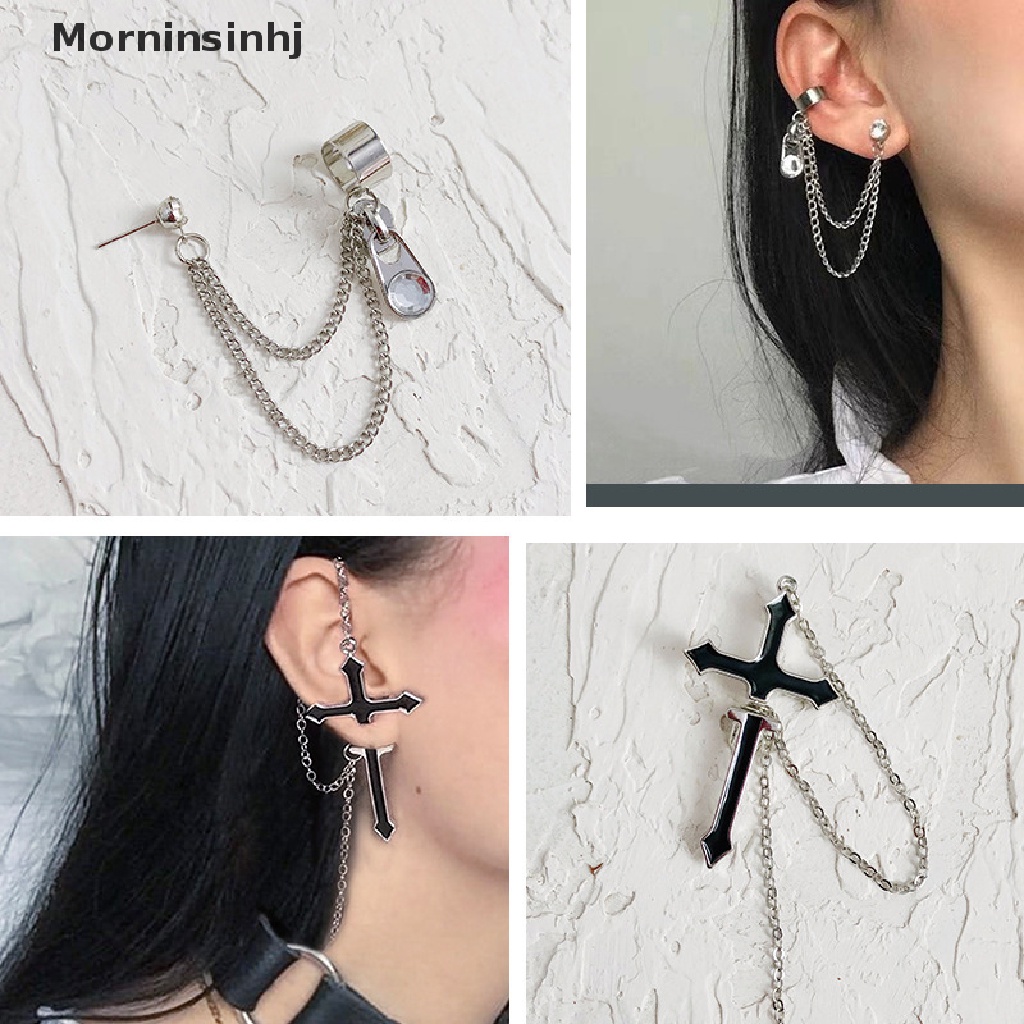 Mornin Anting Fashion Punk Black Cross Drop Untuk Remaja Vintage Rock Pride Rantai Panjang id