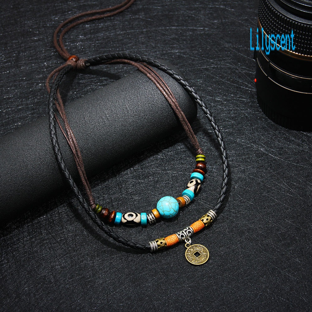 Lily Kalung Rantai Multilayer Aksen Batu Turquoise Imitasikoin Untuk Perhiasan Pria