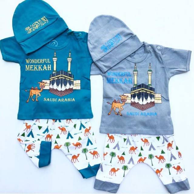 Baju setelan kaos celana topi mekkah lucu pergi jalan kekinian fashion anak bayi laki cowo murah won