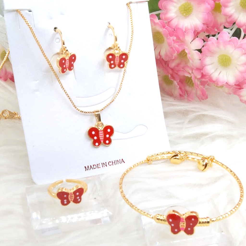 Paket Set Anak Kalung + Gelang + Cincin + Anting Kupu Kupu Merah Gold Perhiasan Anak 870