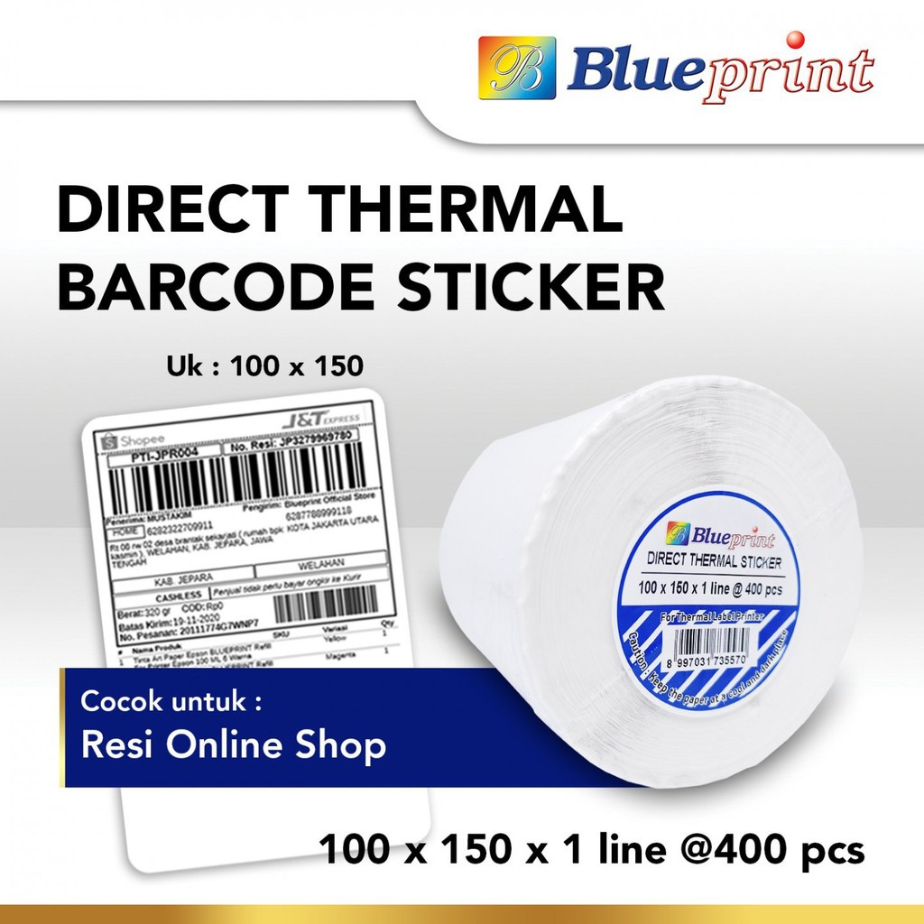 

BLUEPRINT Direct Thermal Sticker/Label Stiker 100mm x 150mm x 1 line (Isi 400 pcs Sticker) NEW