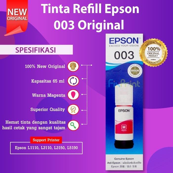 100% Original Epson 003 Tinta Refill Printer L3110 L3210 L1110 L1210 L3150 Black Cyan Magenta Yellow