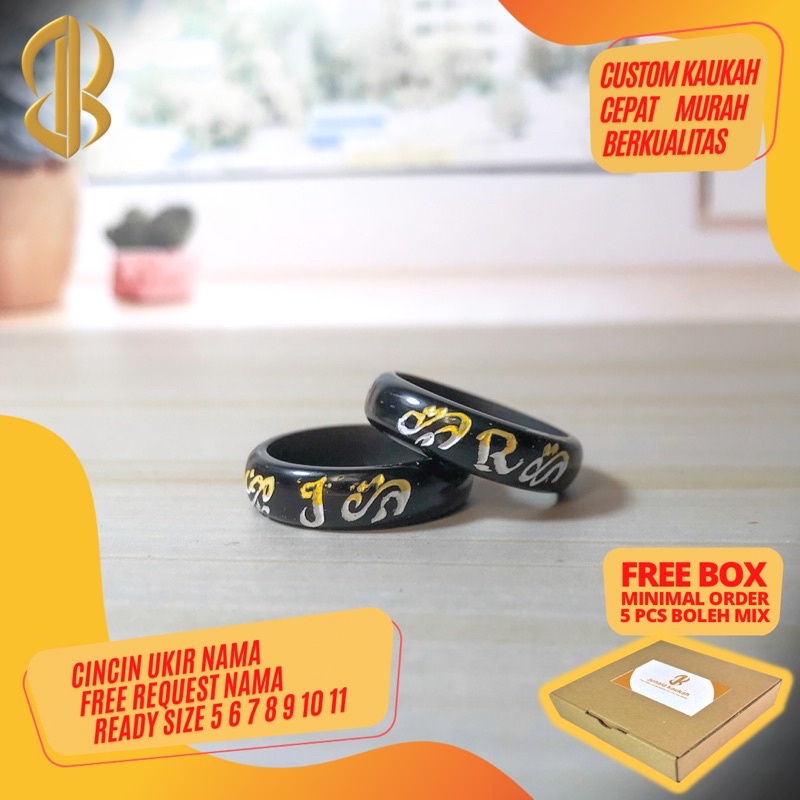 Cincin kaokah ukir nama custom warna hitam bahan koka asli